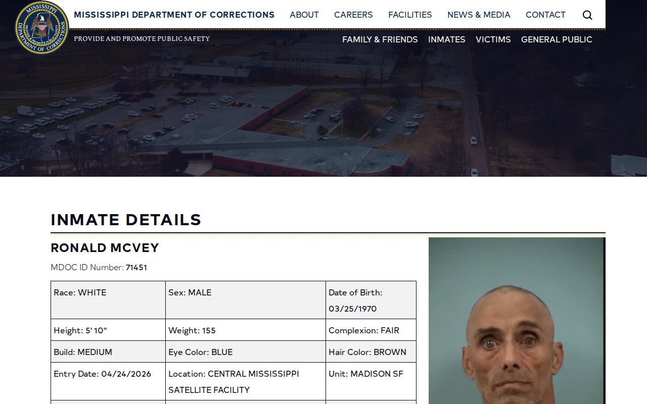 Sunflower County inmate release date fields on an MDOC record