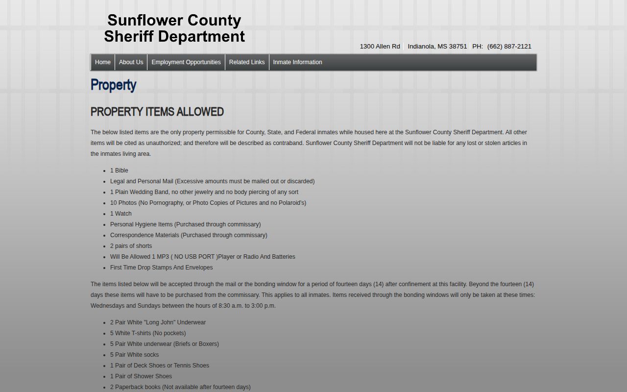 Sunflower County Jail release and property information